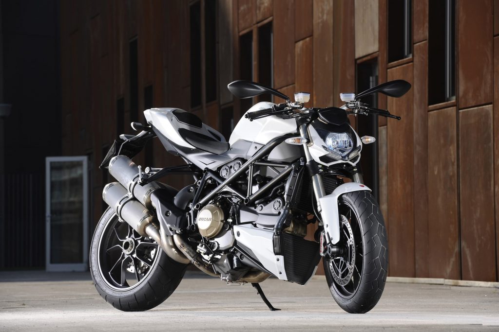 White Ducati Streetfighter 1098 outdoor static RHS front