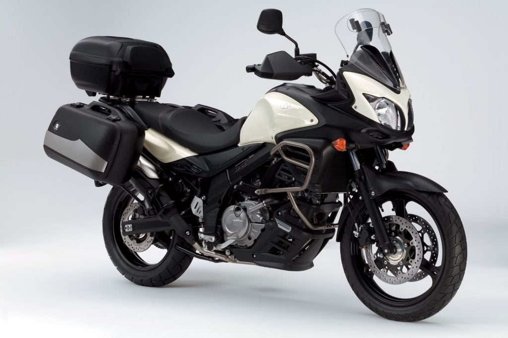 2012 Suzuki SV-650 fully equipped 2nd gen with luggage, diagonal profile