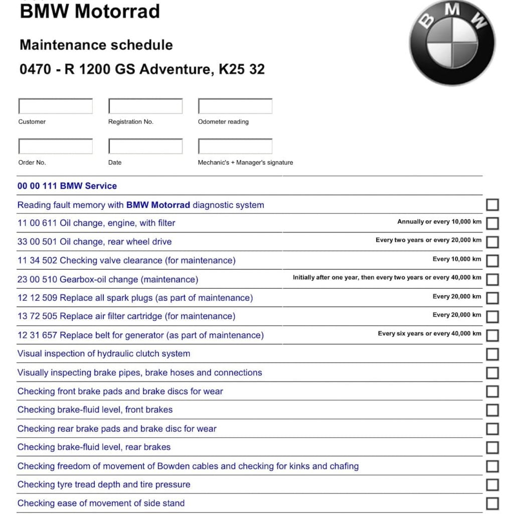 BMW R 1200 GS DOHC 20K maintenance schedule