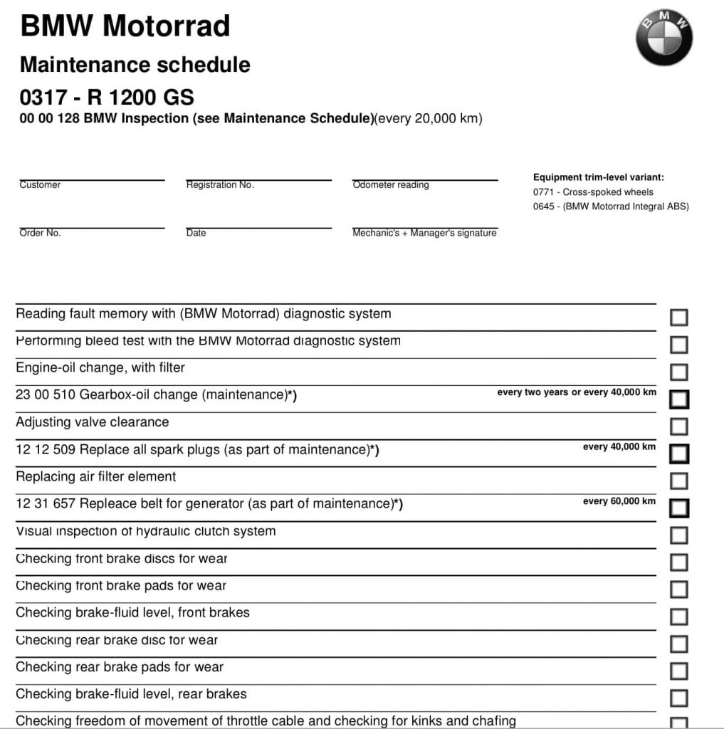 BMW R 1200 GS 2005-2009 Maintenance Schedule
