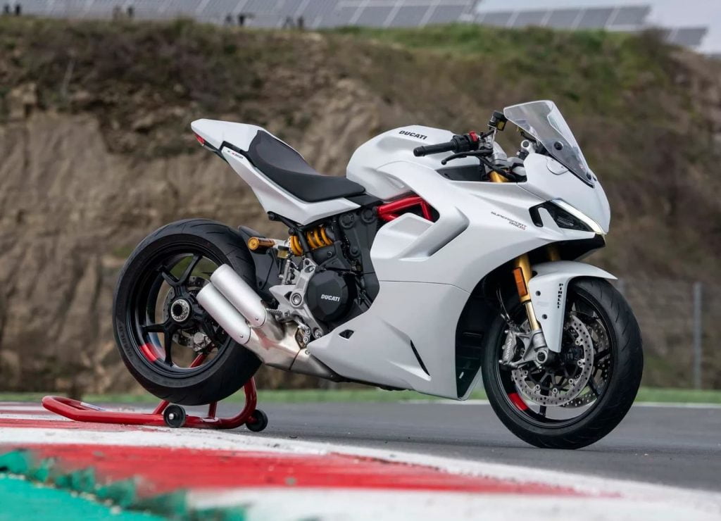 White Ducati Supersport 950S RHS exposed single sided swingarm