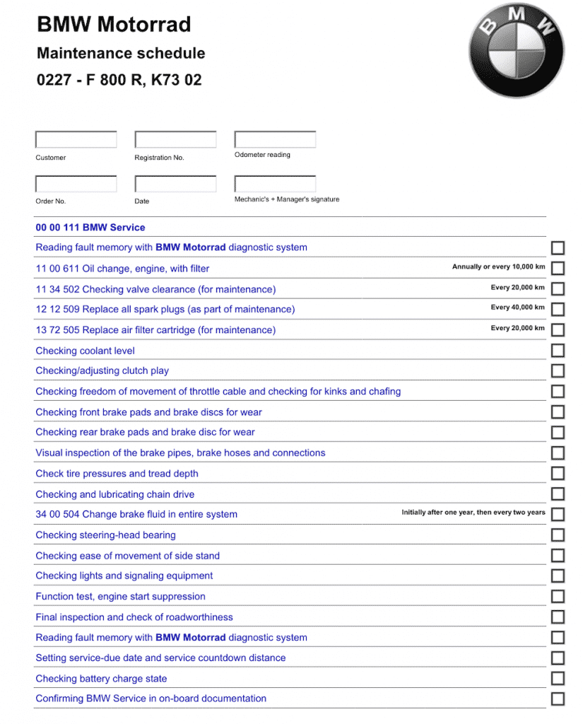 BMW F 800 R service schedule (40000 km)