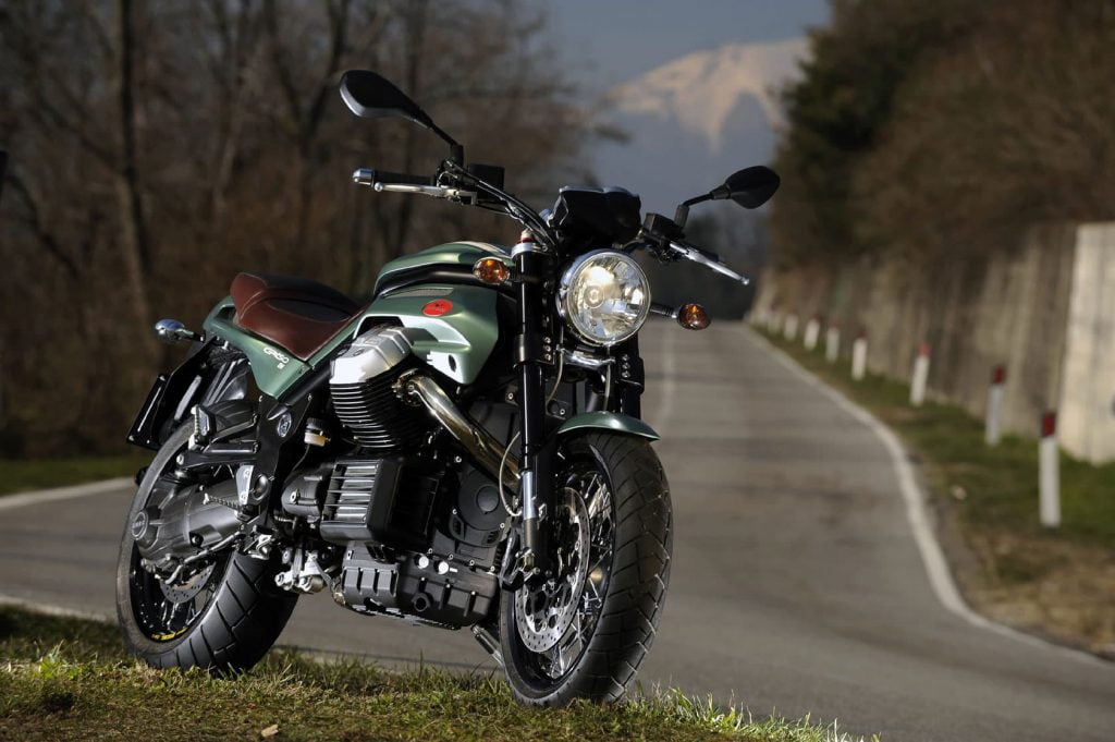 Green Moto Guzzi Griso 1200 SE parked next to road