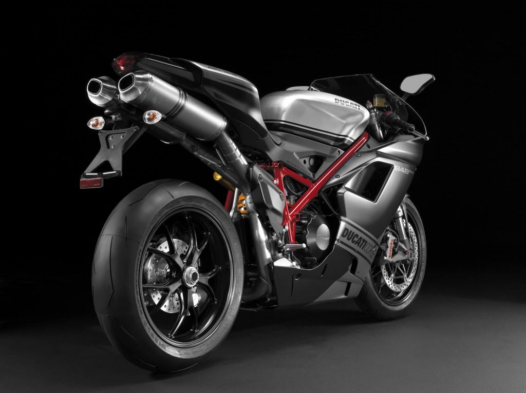 Black Ducati 848 Evo Corse studio RHS rear diagonal