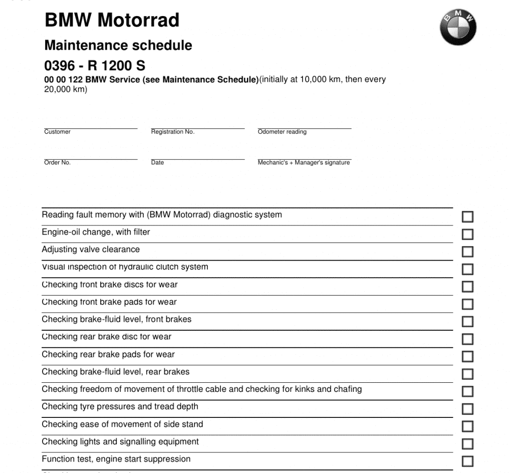 BMW R 1200 S maintenance schedule screenshot 2
