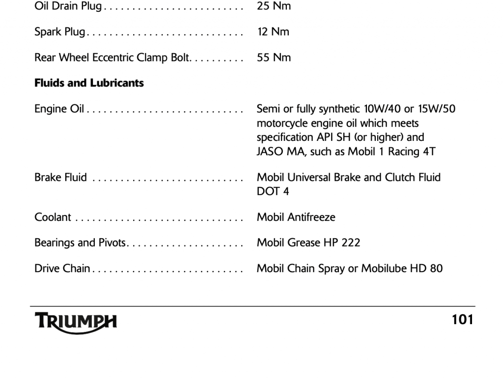 2005-2010 Triumph Speed Triple 1050 manual lubricants